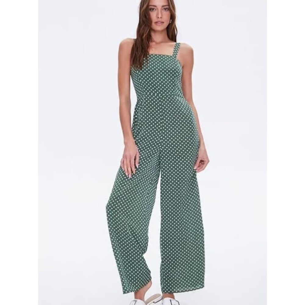 Forever 21 Green Polka Dot Sleeveless Adjustable Strap Jumpsuit Size S